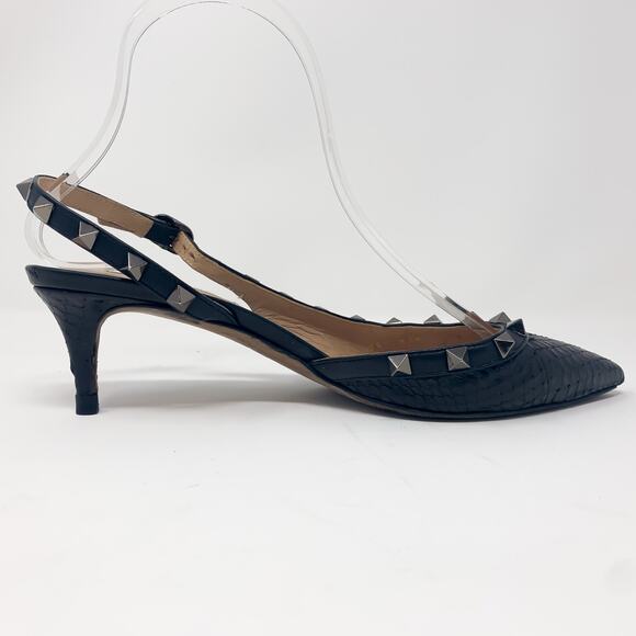 Valentino Rockstud Black Snakeskin Slingback Pointed Toe Kitten Heels EU 36 - Picture 7 of 13